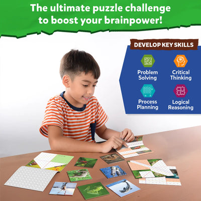 Young boy playing with animal and geometric pattern origami puzzle pieces from Craftopedia Coolest Creatures