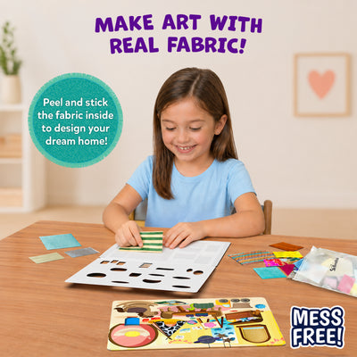 Young child seated at a table creating tactile fabric art with the Skillmatics Fab Tabs kit. Fabric pieces, picture boards, and activity materials are spread across the workspace as the child places textured fabric onto a design board, demonstrating the mess-free sensory craft experience.
