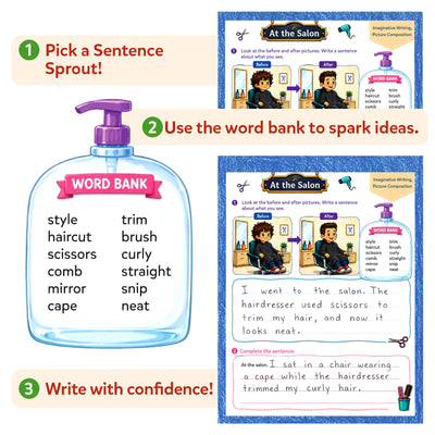 Three-step Sentence Sprouts how-to. Step 1: Pick a Sentence Sprout, showing an At the Salon worksheet with before and after haircut illustrations. Step 2: Soap dispenser word bank lists salon vocabulary. Step 3: Write with confidence, showing completed page with handwritten sentences.