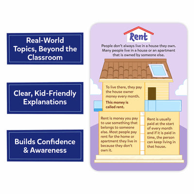 Informational layout highlighting benefits such as “Real-World Topics Beyond the Classroom,” “Clear, Kid-Friendly Explanations,” and “Builds Confidence & Awareness,” alongside a sample “Reservations” card showing restaurant tables marked reserved and a child thinking about pizza, explaining why booking ahead prevents waiting for a table.