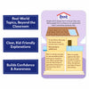 Informational layout highlighting benefits such as “Real-World Topics Beyond the Classroom,” “Clear, Kid-Friendly Explanations,” and “Builds Confidence & Awareness,” alongside a sample “Reservations” card showing restaurant tables marked reserved and a child thinking about pizza, explaining why booking ahead prevents waiting for a table.