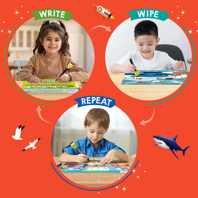 Educational activity set for children with reusable write-and-wipe boards from Search & Find Megapack