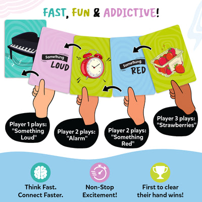 Gameplay example for Skillmatics Cross Over showing a rapid chain of matching cards. A “Something Loud” category card connects to an alarm clock picture card, followed by a “Something Red” category card and a strawberry picture card. Icons emphasize quick thinking, nonstop excitement, and racing to clear your hand.