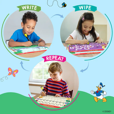 Educational activity set with reusable writing surfaces for young children featuring Mickey Mouse