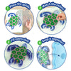 Step-by-step visual guide showing how to create the Skillmatics Stixels Sea Turtle wall decor. Images demonstrate placing the color guide beneath the transparent base, matching and inserting Stixels by color, filling the design, attaching it to the frame, and displaying the finished artwork.