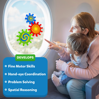 A mother and baby sit beside an airplane window playing with Skillmatics Spinny Gears Pattern Pop toy. Three colourful suction gears—green, blue, and red—are attached to the window. The child reaches out excitedly while the text highlights “Develops Fine Motor Skills, Hand-eye Coordination, Problem Solving, and Spatial Reasoning.” A travel-friendly STEM toy for engaging toddler play.
