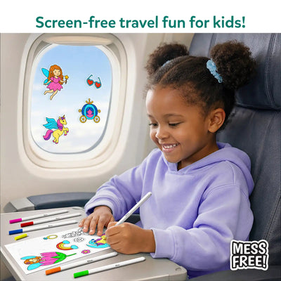 A child sits at an airplane window seat, smiling while coloring a unicorn-themed sticker sheet on the tray table using paint markers. Finished static stickers decorate the airplane window, including a unicorn, fairy, carriage, and heart icons. Text at the top reads “Screen-free travel fun for kids,” with a “Mess Free” badge emphasizing clean, portable play during travel.