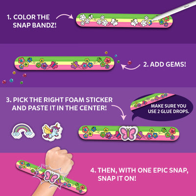Instructions for decorating and wearing a Snap Bandz Unicorns & Princesses DIY craft activity