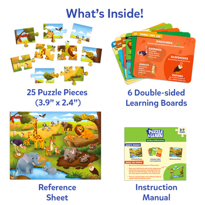 Contents of the Skillmatics Puzzle & Learn: All About Wild Animals set displayed on a white background. Includes twenty-five large puzzle pieces, a full-color reference sheet, six double-sided educational learning boards and an instruction manual for children aged 3–7.