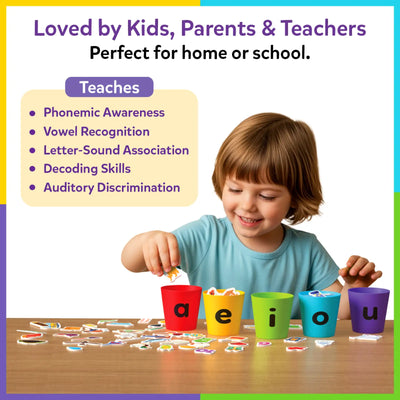 A young child smiling while sorting illustrated picture pieces into five colorful cups labeled a, e, i, o, and u placed on a wooden table. A highlighted panel titled “Teaches” lists phonemic awareness, vowel recognition, letter sound association, decoding skills, and auditory discrimination. Numerous picture tokens are scattered on the table, visually demonstrating hands-on phonics learning through vowel sound sorting.