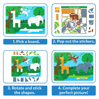Four-step visual guide for animal-shaped Tangram Twist puzzle for kids aged 4-7