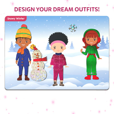 Sparkly winter-themed sticker activity kit with cartoon children and a snowman for ages 4-9