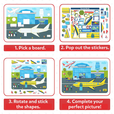 Four-step airport-themed sticker puzzle guide for Tangram Twist Off We Go for kids