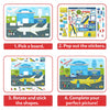 Four-step airport-themed sticker puzzle guide for Tangram Twist Off We Go for kids