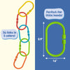 Illustration shows colorful plastic linking rings designed for children. Five oval links in yellow, red, blue, green, and orange are connected vertically, with text reading “15 links in 5 colors.” On the right, a single green link is enlarged against a blue background with arrows showing measurements of 2.9 inches tall and 1.6 inches wide, labeled “Perfect for little hands.”
