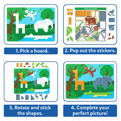 Four-step visual guide for animal-shaped Tangram Twist puzzle for kids aged 4-7