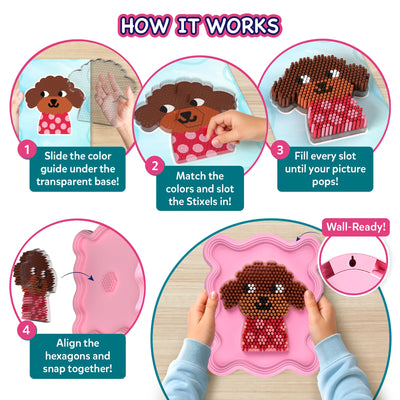 Step-by-step 'How it Works' guide for Skillmatics Stixels showing four circular panels: slide color guide under transparent base, match colors and slot stixels in, fill every slot to complete design, and align hexagons to snap frame together. Includes visual of child completing 3D puppy wall décor.