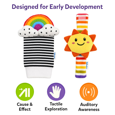 Skillmatics Wriggle & Wonder high-contrast socks and wristbands shown with early-development benefits: cause and effect, auditory awareness and tactile exploration. A rainbow sock and sun wristband are centered within a dotted circle with supporting icons.