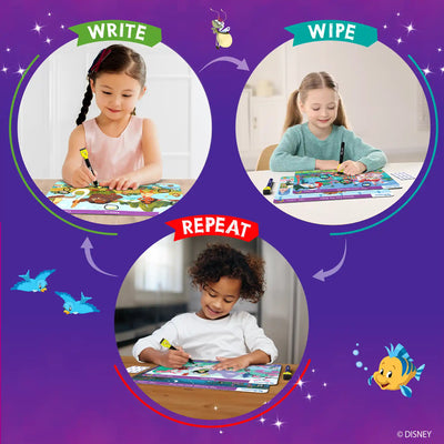 Children engaging in a three-step write wipe repeat drawing activity on Disney Princesses reusable mats