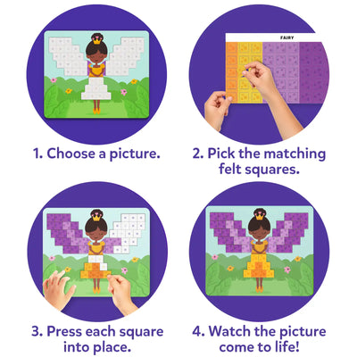 Four-step how-to graphic on purple background for Skillmatics Felt Fun. Step 1: choose a fairy picture board. Step 2: hand picks felt squares from labeled Fairy sheet. Step 3: hands press purple squares onto board. Step 4: completed fairy mosaic with purple and yellow felt squares.
