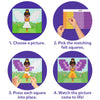 Four-step how-to graphic on purple background for Skillmatics Felt Fun. Step 1: choose a fairy picture board. Step 2: hand picks felt squares from labeled Fairy sheet. Step 3: hands press purple squares onto board. Step 4: completed fairy mosaic with purple and yellow felt squares.