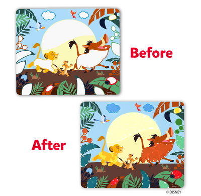 Colorful animated Lion King scene showing before and after sticker art for Dot it Disney Edition