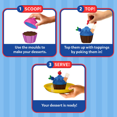 Three-step guide for making and decorating a toy dessert from Sandeezy Delicious Desserts set