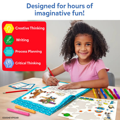 A smiling girl in a pink top writes in the Skillmatics Toy Story My Story Art Kit story pad at a wooden table. Sticker sheets and colorful markers are spread around. A red skills box on the left lists: Creative Thinking, Writing, Process Planning, and Critical Thinking. Header reads "Designed for hours of imaginative fun!"