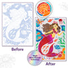 Split before-and-after Skillmatics Paint-Over Art mermaid underwater scene using Magic Shine-Through Technology. Left shows faint outline of mermaid, fish and coral; right shows fully coloured vibrant artwork with red mermaid tail, blue water, fish and coral, plus shine-through effect badge.