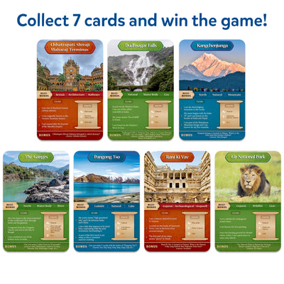 Educational playing cards featuring Indian landmarks and nature in Guess in 10 Wonders of India game