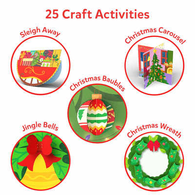 Christmas-themed paper crafts from Snip Snip Holiday Magic Art & Craft Kit for ages 3-7