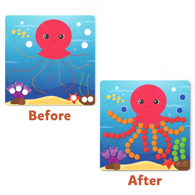 Octopus-themed magnetic craft activity before and after completion for kids ages 3-7