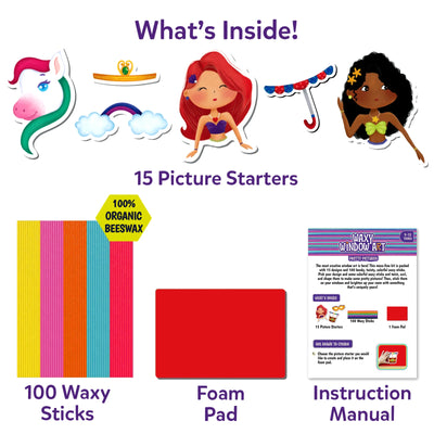 Creative Waxy Window Art kit with picture starters, waxy sticks, foam pad, and manual