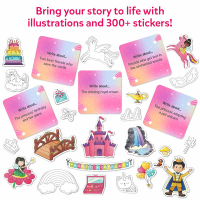 Princess-themed story prompts and stickers for the My Storybook Art Kit for ages 5-10