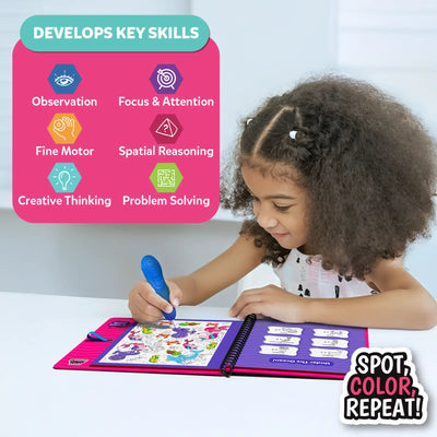 A child seated at a table using the Skillmatics Water Spotter activity book with a refillable water pen, revealing colorful illustrations during play. A graphic highlights skills developed, including observation, focus and attention, fine motor skills, spatial reasoning, creative thinking, and problem solving. The image reinforces mess-free, reusable learning through repeated play.