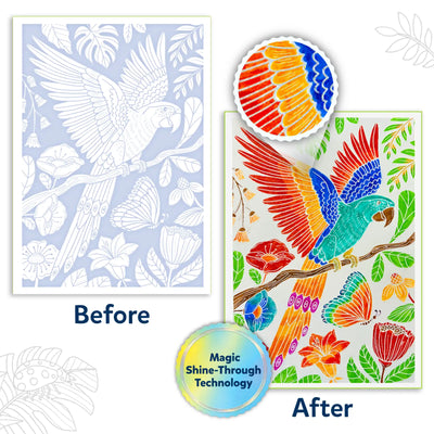 Split-screen showing before-and-after parrot illustration. Left panel shows monochrome line drawing of a parrot among tropical leaves labeled 'Before'. Right panel shows the same scene fully colored and a circular zoom highlighting wing texture plus a 'Magic Shine-Through Technology' badge.
