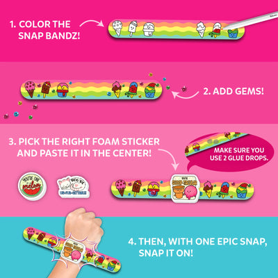 Instructions for decorating and wearing a colorful customizable Snap Bandz bracelet for kids