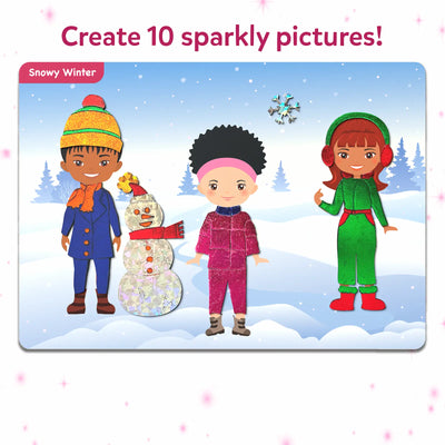 Sparkly winter-themed sticker activity kit with cartoon children and a snowman for ages 4-9