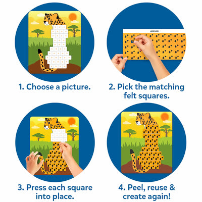 Four circular panels illustrate how the felt craft works. Step 1 shows choosing a butterfly picture board. Step 2 shows picking matching felt squares from a color sheet. Step 3 shows hands pressing squares onto the board. Step 4 shows the finished butterfly image. Captions guide each step of the activity.