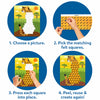 Four circular panels illustrate how the felt craft works. Step 1 shows choosing a butterfly picture board. Step 2 shows picking matching felt squares from a color sheet. Step 3 shows hands pressing squares onto the board. Step 4 shows the finished butterfly image. Captions guide each step of the activity.