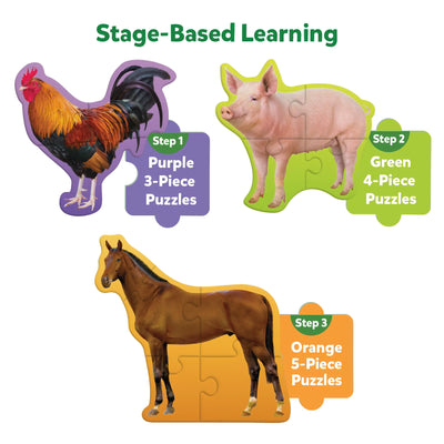 Animal-shaped jigsaw puzzles for stage-based learning from Step By Step Puzzle Farm Animals