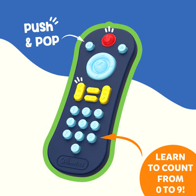 Colourful close-up of Skillmatics Push & Pop TV Remote showing poppable buttons in red, yellow, and blue with “Push & Pop” text. The orange bubble highlights “Learn to Count from 0 to 9.” Designed to promote number recognition and motor skill development, this pretend play TV remote offers fun tactile engagement for babies and toddlers.