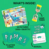An illustrated contents layout titled “What’s Inside” on a green background. The image shows a stack of colorful picture cards labeled “20 Pictures (1000+ Objects),” a yellow sand timer labeled “Sand Timer,” a fan of green patterned letter cards labeled “75 Letter Cards,” and a printed instruction manual labeled “Manual.” Arrows connect each item to its label for clarity. A small image of the game box appears on the side, reinforcing what is included in the set.