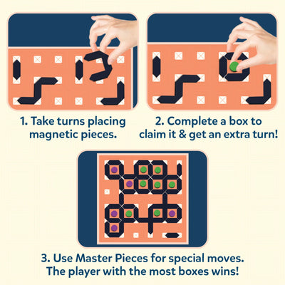 Step-by-step gameplay instructions for Skillmatics Boxed! displayed with images showing the process. The instructions include: 1) Take turns placing magnetic pieces on the board, 2) Complete a box and claim it with a coloured magnetic dot, 3) Making a box earns another turn, and 4) Use master pieces for special moves. The final image shows the completed board with claimed boxes and colourful dots.