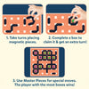 Step-by-step gameplay instructions for Skillmatics Boxed! displayed with images showing the process. The instructions include: 1) Take turns placing magnetic pieces on the board, 2) Complete a box and claim it with a coloured magnetic dot, 3) Making a box earns another turn, and 4) Use master pieces for special moves. The final image shows the completed board with claimed boxes and colourful dots.