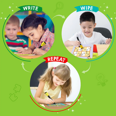 Children’s learning process with writing, erasing, and repeating activities on Brain Games Reusable Activity Mats