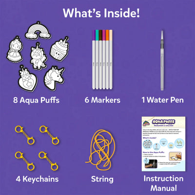Children’s craft kit with unicorn and princess-themed aqua puffs markers keychains and manual