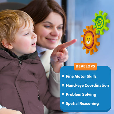 A mother and child smile and play with the Skillmatics Spinny Gears toy on a glass window. The bright orange lion and green caterpillar gears stick firmly using suction bases. The text reads “Develops fine motor skills, hand-eye coordination, problem solving, and spatial reasoning.” Designed as an engaging STEM toy to encourage interactive learning and sensory play on the go.