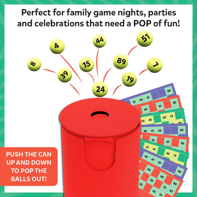 Close-up illustration of the Pop-Reveal Housie game setup. A red pop-reveal can releases multiple yellow numbered balls upward, with colorful reusable housie cards fanned behind it. The headline reads “Housie made dynamic, with a POP!” Emphasis is placed on the popping action, number visibility, and reusable card design.