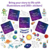 Space-themed story-writing kit with prompt cards and 300+ stickers for kids ages 5-10